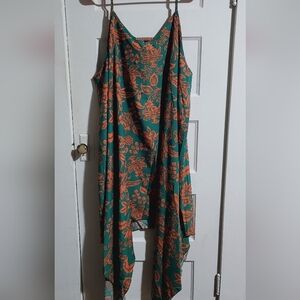 Floral Green and Orange Sleeveless Dress